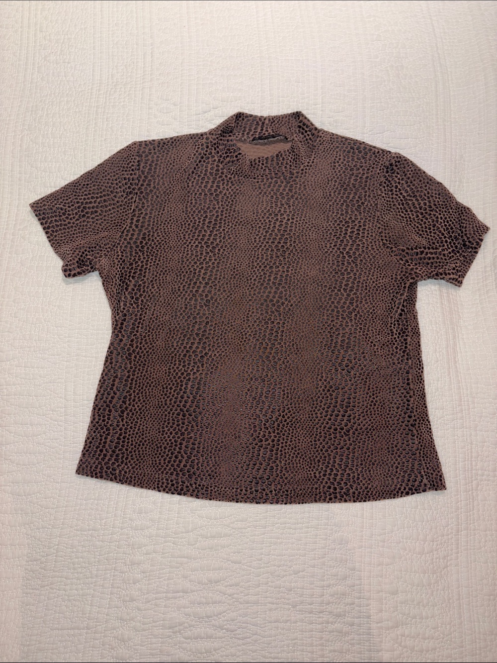 Women's Short Sleeve Mock Neck Tee in Brown Animal Print